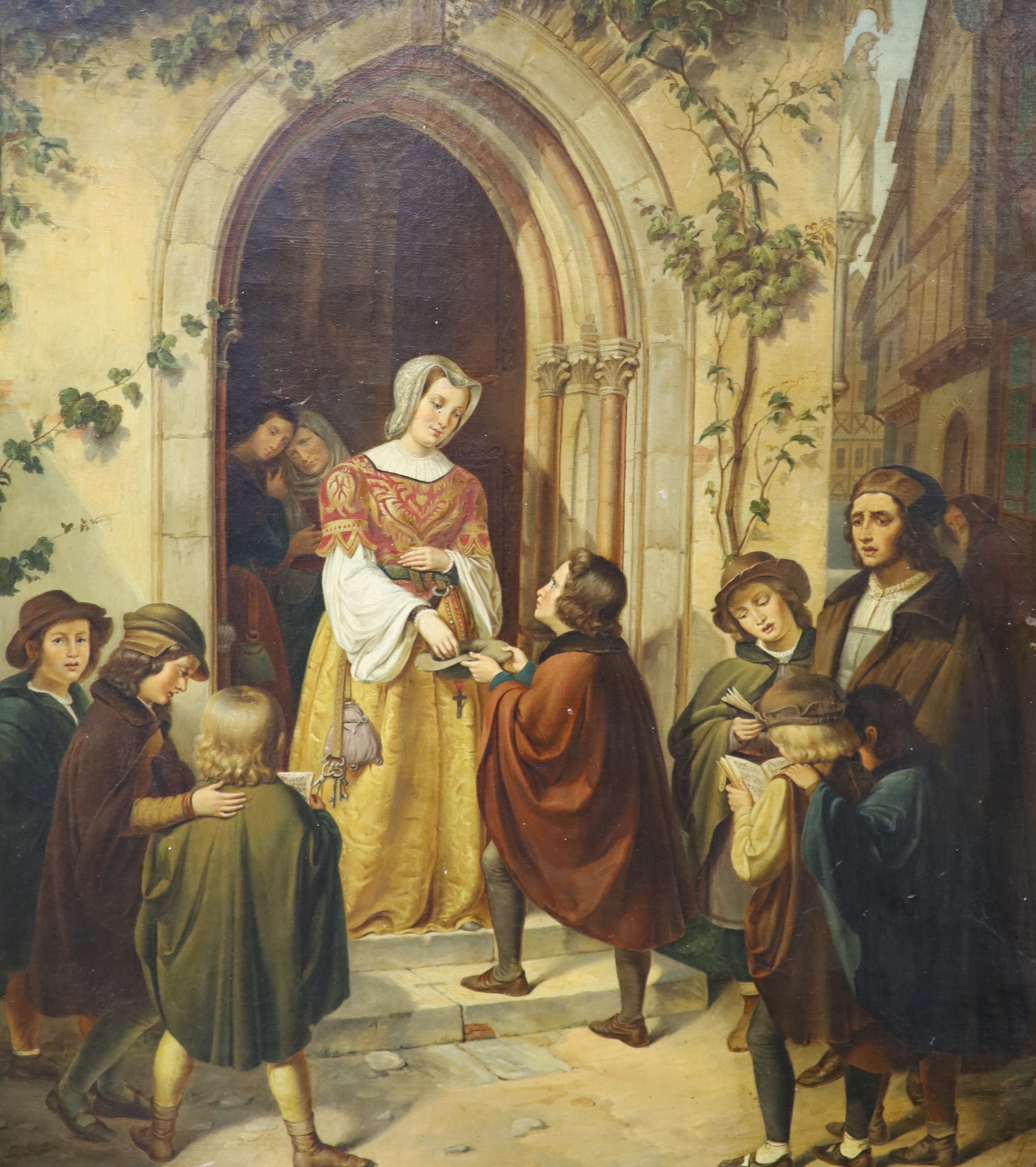 19th century German School, Lady giving alms at a church door, Oil on canvas, 63 x 55cm.